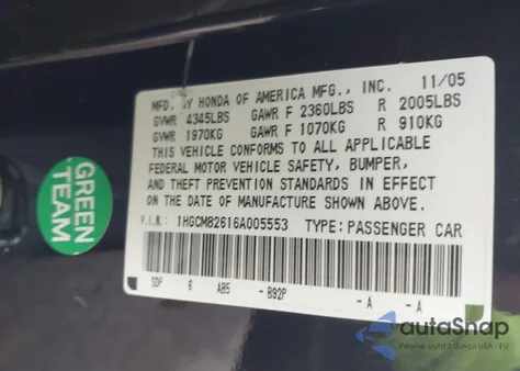 2006 Honda Accord 3.0 Ex z USA, uszkodzony, nr VIN 1HGCM82616A005553